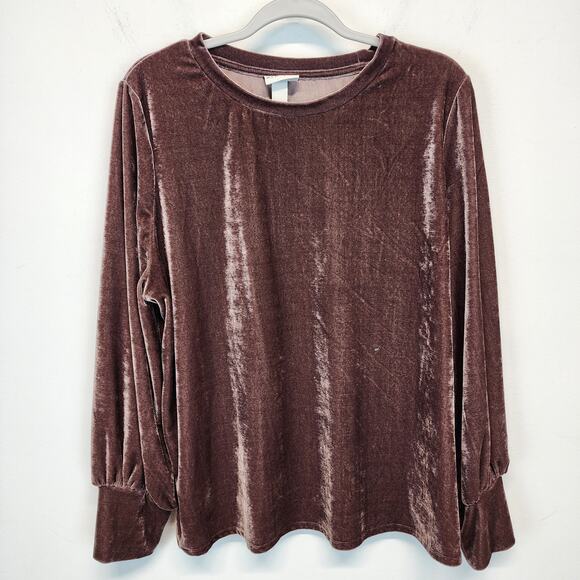 Ava & Viv Velvet Top Blouse Size 1X Cocoa Long Balloon Sleeve Round Neck Goth - Picture 8 of 15